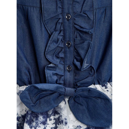 Generic Girl's Denim-Polyester Crepe Solid Sleeveless Round Neck Dress (Blue-White)