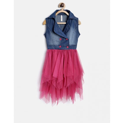 Generic Girl's Polyester Crepe-Net Solid Shoulder Straps Shirt collar Dress (Blue-Pink)