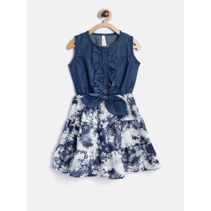 Generic Girl's Denim-Polyester Crepe Solid Sleeveless Round Neck Dress (Blue-White)