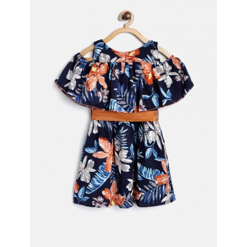 Generic Girl's Polyester Crepe Floral Printed Bell Sleeve Cold Shoulder Neck Dress (Multicolor)