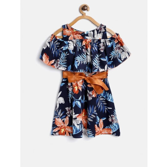 Generic Girl's Polyester Crepe Floral Printed Bell Sleeve Cold Shoulder Neck Dress (Multicolor)
