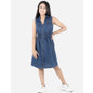Generic Girl's Denim Solid Sleeveless Shirt collar Dress (Blue)