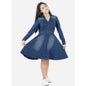 Generic Girl's Denim Solid Long Sleeve Shirt collar Dress (Blue)