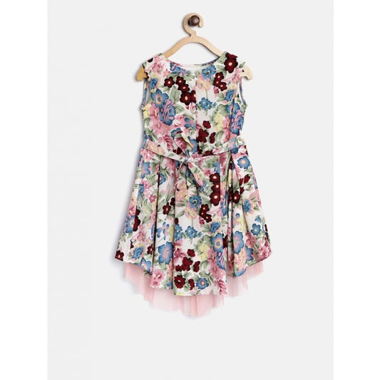 Generic Girl's Polyester Crepe Printed Short Sleeve Round Neck Dress (Multicolor)