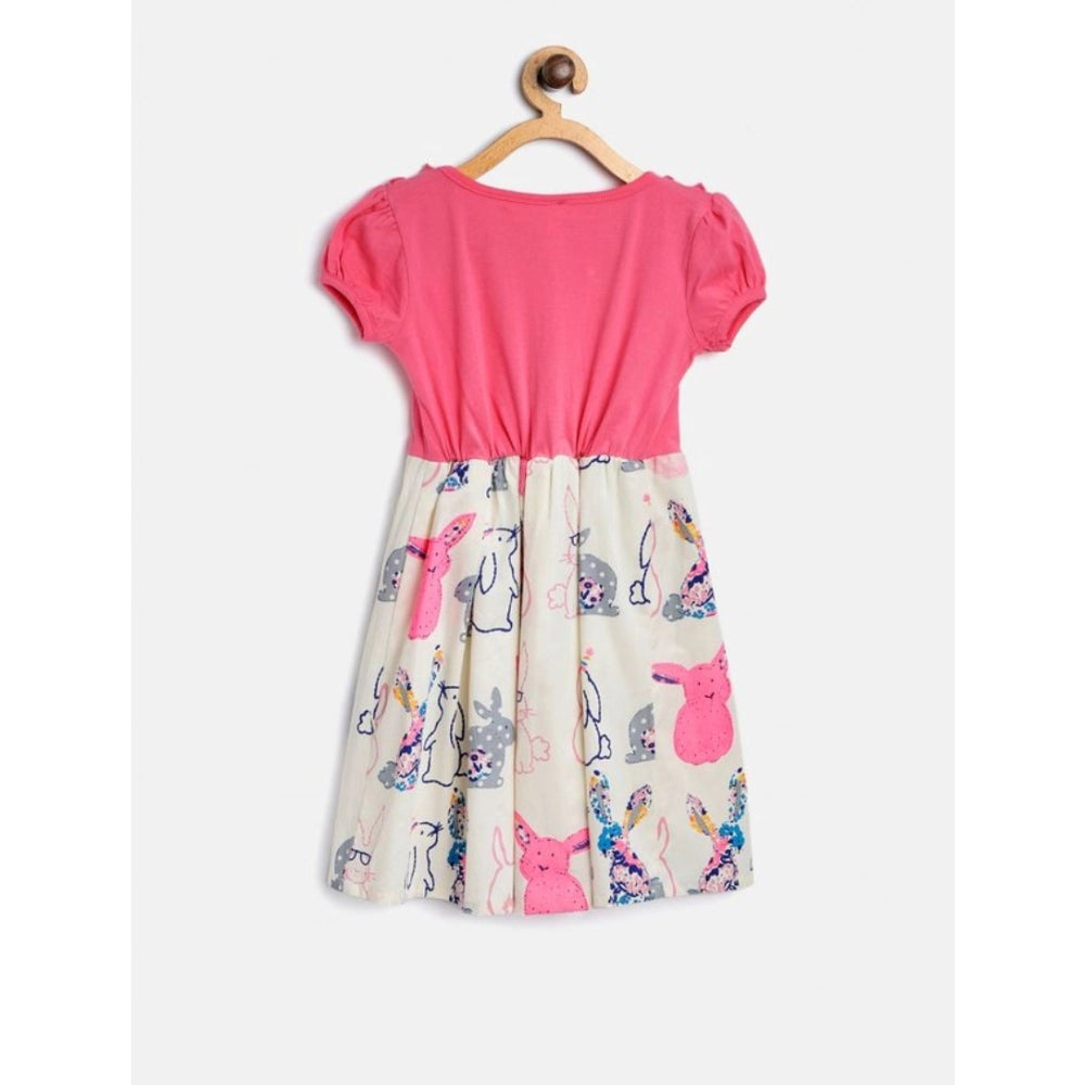 Generic Girl's Cotton Printed Short Sleeve Round Neck Dress (Pink-White)