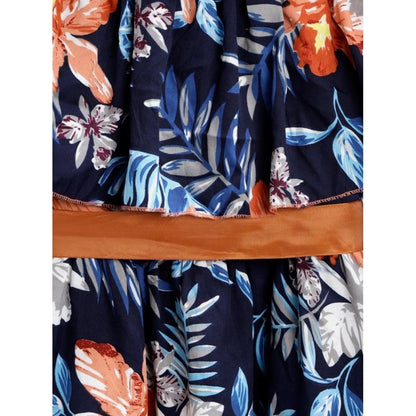 Generic Girl's Polyester Crepe Floral Printed Bell Sleeve Cold Shoulder Neck Dress (Multicolor)