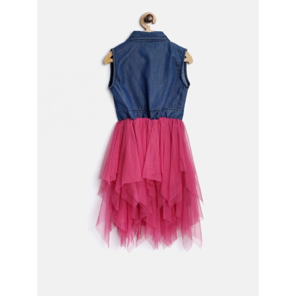 Generic Girl's Polyester Crepe-Net Solid Shoulder Straps Shirt collar Dress (Blue-Pink)