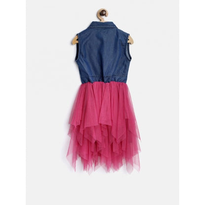 Generic Girl's Polyester Crepe-Net Solid Shoulder Straps Shirt collar Dress (Blue-Pink)