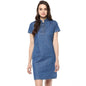 Generic Women's Denim Solid Tie-Up Neck Short Sleeve Dress (Blue)
