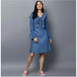 Generic Women's Denim Solid V-Neck Bell Sleeve Dress (Blue)