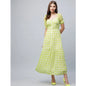 Generic Women's Polyester-Cotton Blend Checkered Square Neck Half Sleeve Dress (Lime Green)