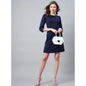 Generic Women's Polyester Jacquard Self Design Round Neck 3/4th Sleeves Dress (Navy)