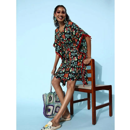 Generic Women's Polyester Moss Printed Round Neck Kaftan Sleeve Dress (Multicolor)