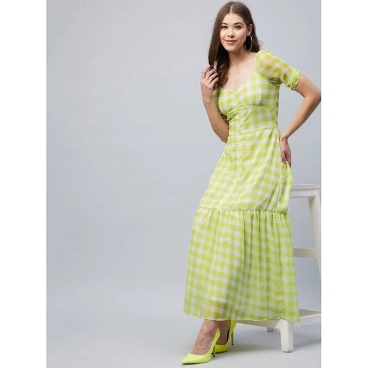 Generic Women's Polyester-Cotton Blend Checkered Square Neck Half Sleeve Dress (Lime Green)