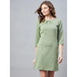 Generic Women's Polyester Jacquard Self Design Round Neck 3/4th Sleeves Dress (Olive)