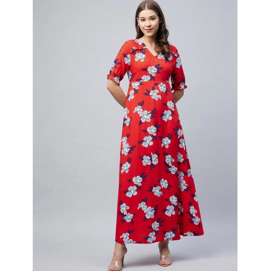 Generic Women's Cotton Blend Floral V-Neck Half Sleeve Dress (Blue-Red)
