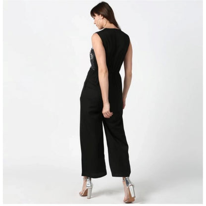 Generic Women's Polyester Embroidered Sleeveless Jumpsuit (Black)
