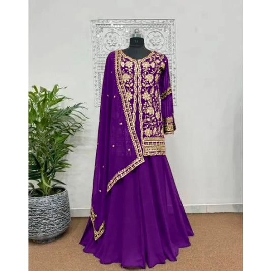 Generic Women's Georgette Embroidery 3-4th Sleeve V-Neck Kurti, Palazzo And Dupatta Set (Purple)