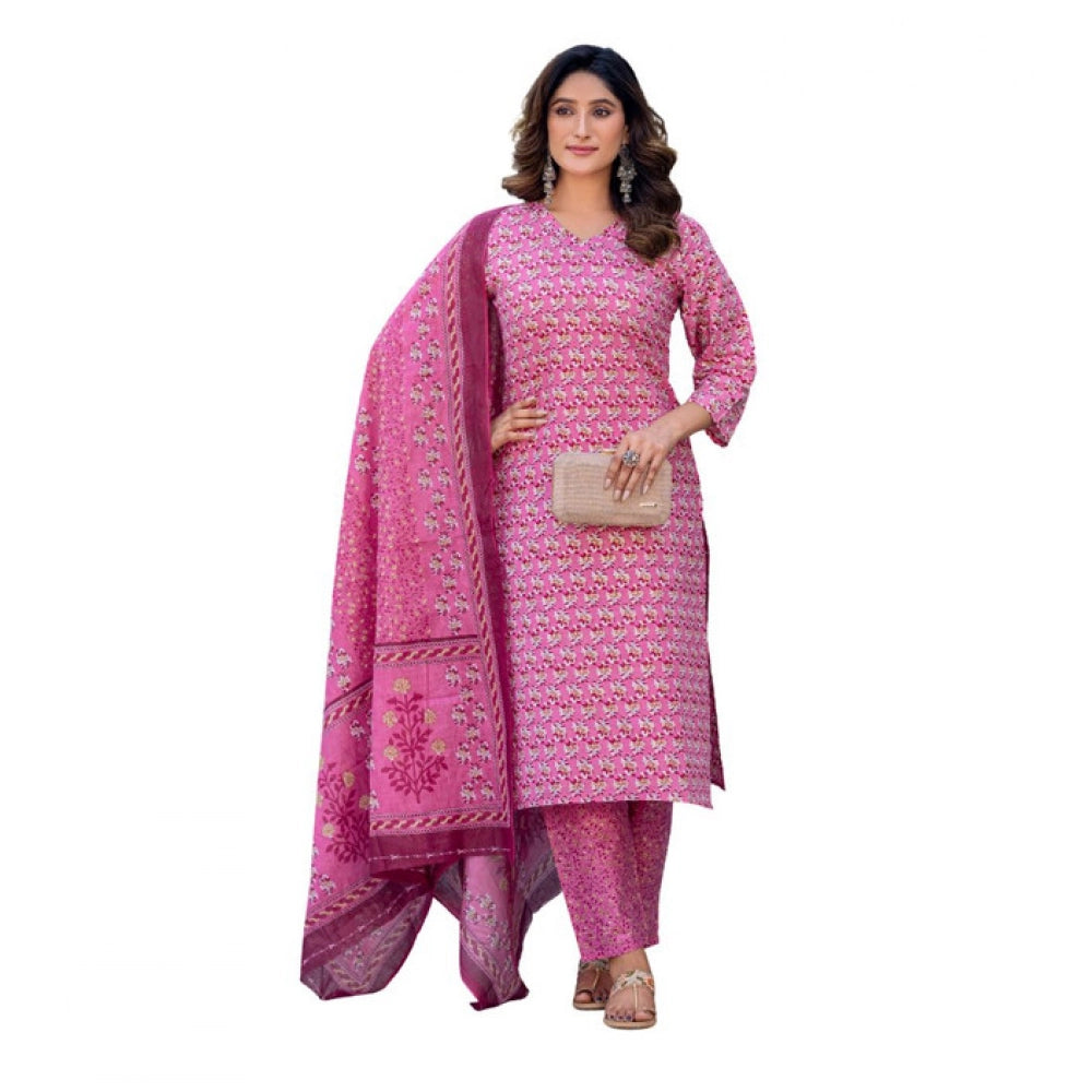 Generic Women's Cotton Blend Printed Kurti With Pant Dupatta Set (Pink)