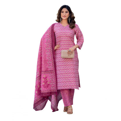 Generic Women's Cotton Blend Printed Kurti With Pant Dupatta Set (Pink)