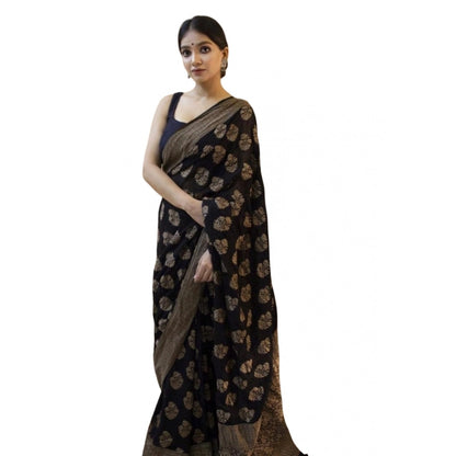 Generic Women's Soft Litchi Silk Jacquard Work Saree With Unstitched Blouse 5.5Mtr (Black)