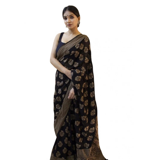 Generic Women's Soft Litchi Silk Jacquard Work Saree With Unstitched Blouse 5.5Mtr (Black)