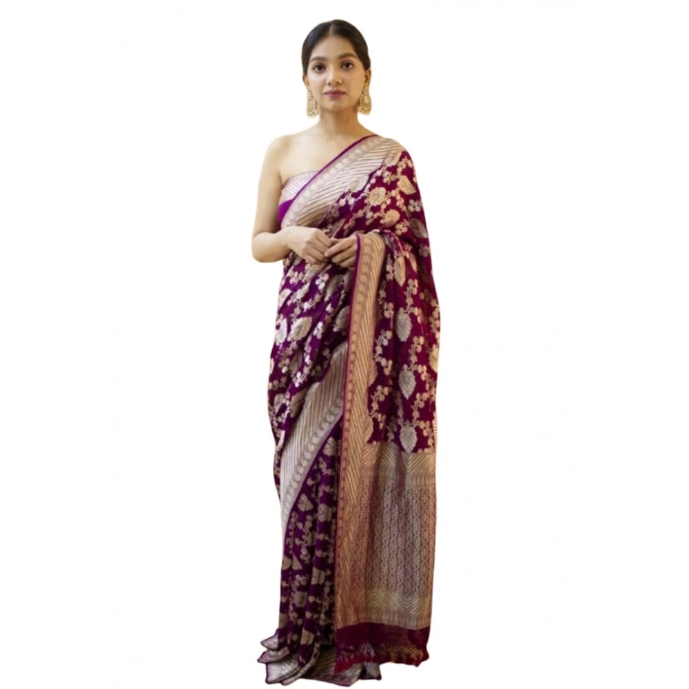 Generic Women's Soft Litchi Silk Jacquard Work Saree With Unstitched Blouse 5.5Mtr (Purple)
