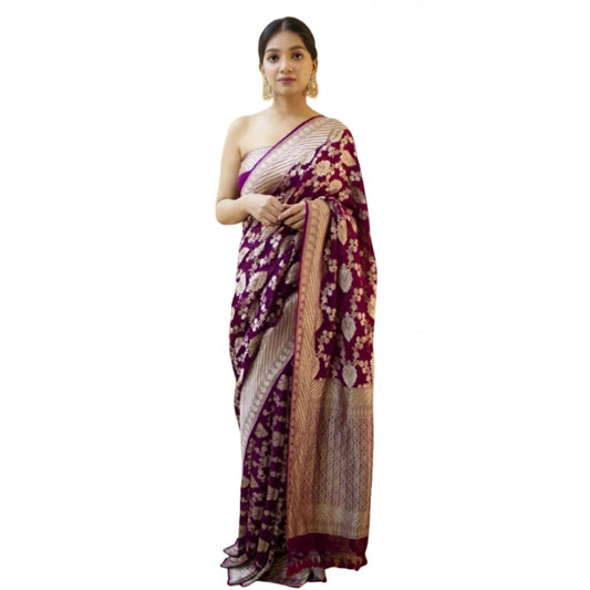 Generic Women's Soft Litchi Silk Jacquard Work Saree With Unstitched Blouse 5.5Mtr (Purple)