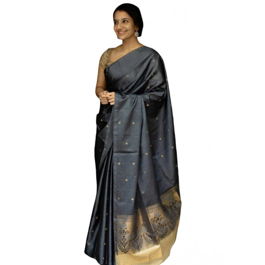 Generic Women's Soft Litchi Silk Jacquard Work Saree With Unstitched Blouse 5.5Mtr (Gray)