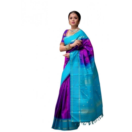Generic Women's Soft Litchi Silk Jacquard Work Saree With Unstitched Blouse 5.5Mtr (Purple)