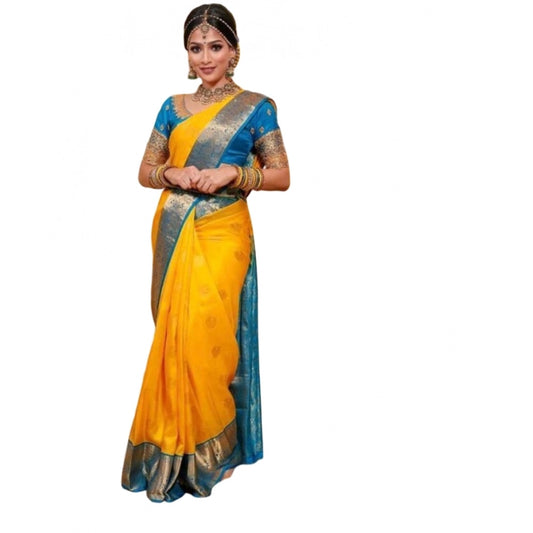Generic Women's Soft Litchi Silk Jacquard Work Saree With Unstitched Blouse 5.5Mtr (Yellow)