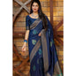 Generic Women's Litchi silk Printed Saree With Unstitched Blouse (Blue)