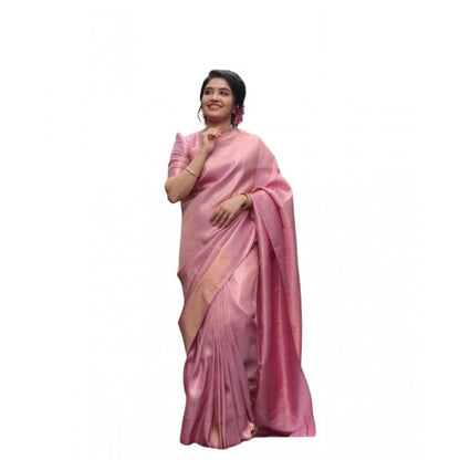 Generic Women's Soft Litchi Silk Jacquard Work Saree With Unstitched Blouse 5.5Mtr (Pink)