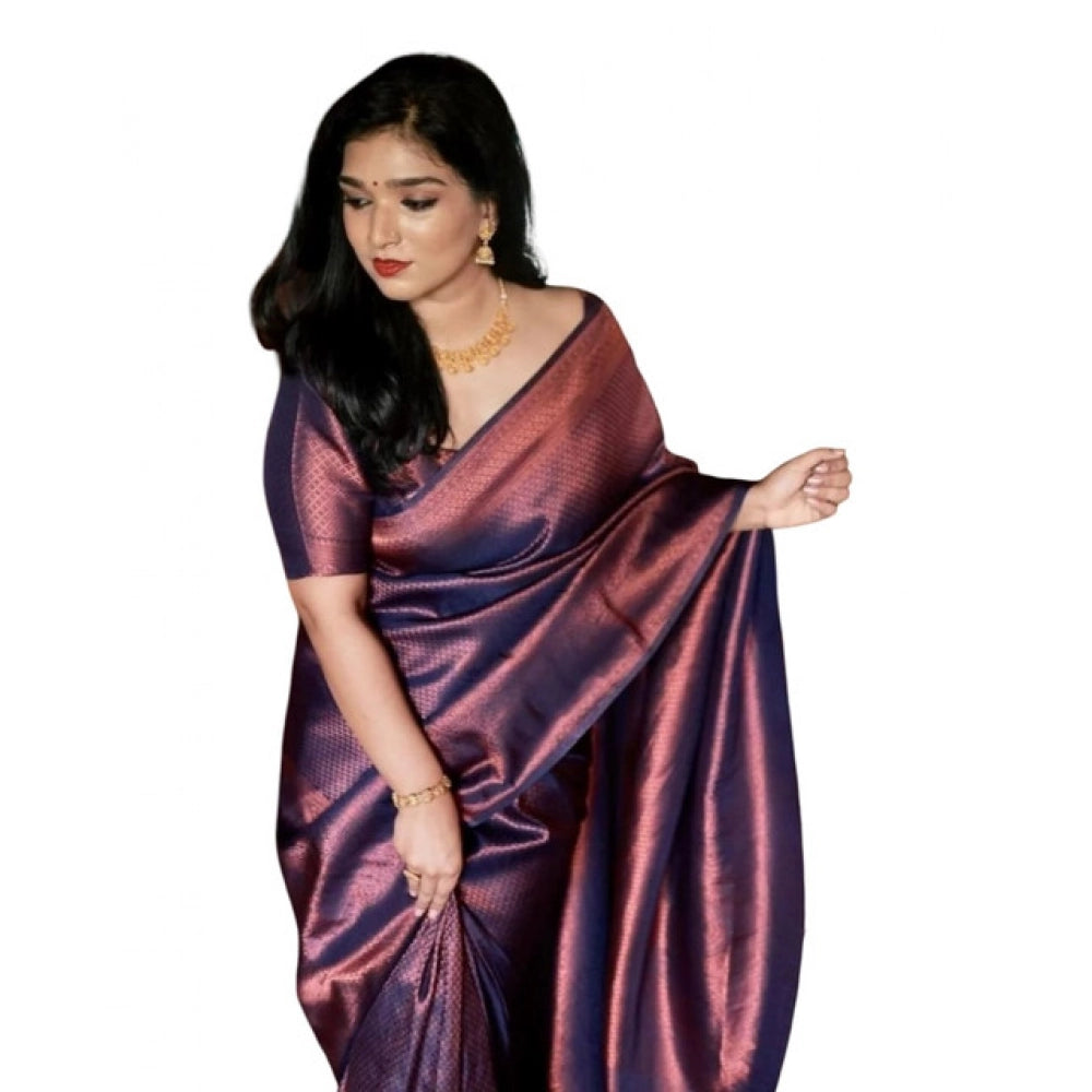 Generic Women's Soft Litchi Silk Jacquard Work Saree With Unstitched Blouse 5.5Mtr (Purple)