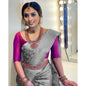 Generic Women's Litchi silk Printed Saree With Unstitched Blouse (Grey)