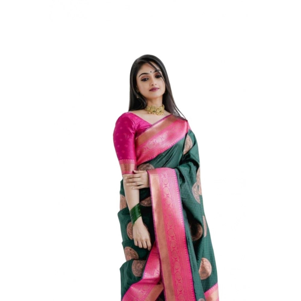 Generic Women's Soft Litchi Silk Jacquard Work Saree With Unstitched Blouse 5.5Mtr (Green)