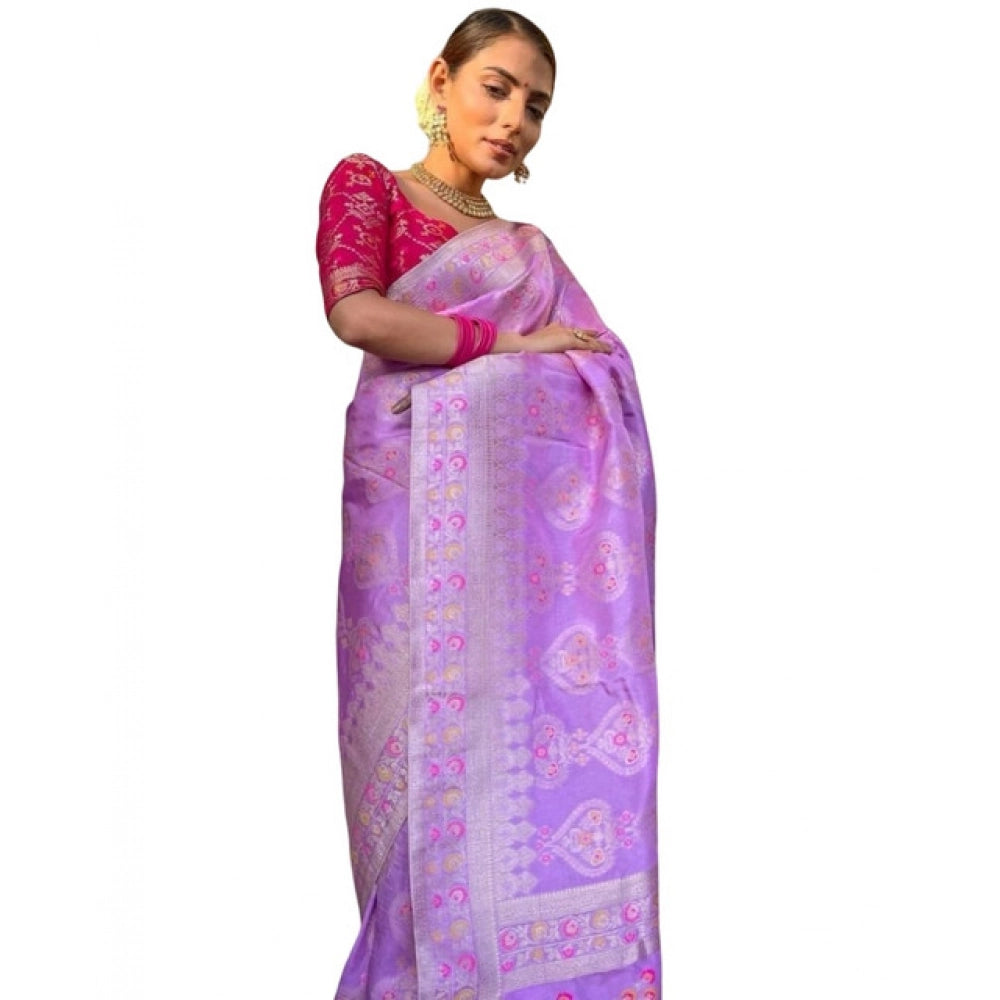 Generic Women's Soft Litchi Silk Jacquard Work Saree With Unstitched Blouse 5.5Mtr (Lavender)