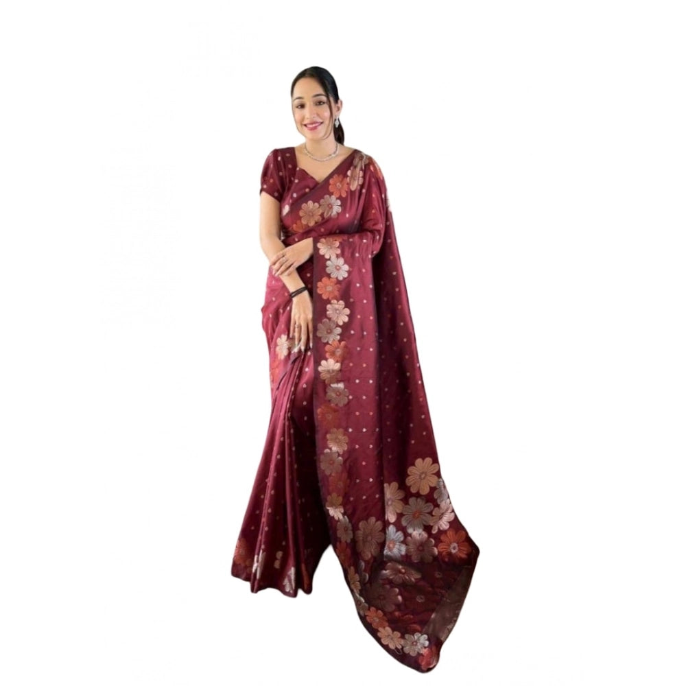 Generic Women's Soft Litchi Silk Jacquard Work Saree With Unstitched Blouse 5.5Mtr (Maroon)