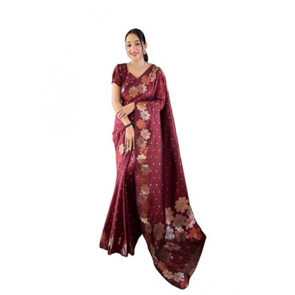 Generic Women's Soft Litchi Silk Jacquard Work Saree With Unstitched Blouse 5.5Mtr (Maroon)