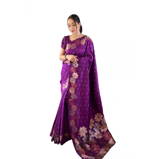Generic Women's Soft Litchi Silk Jacquard Work Saree With Unstitched Blouse 5.5Mtr (Purple)
