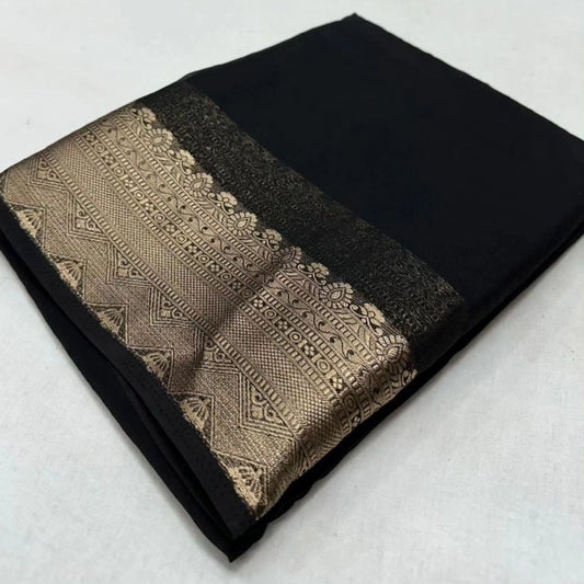 Generic Women's Crepe Chit Pallu Solid Saree With Unstitched Blouse 5.5Mtr (Black)