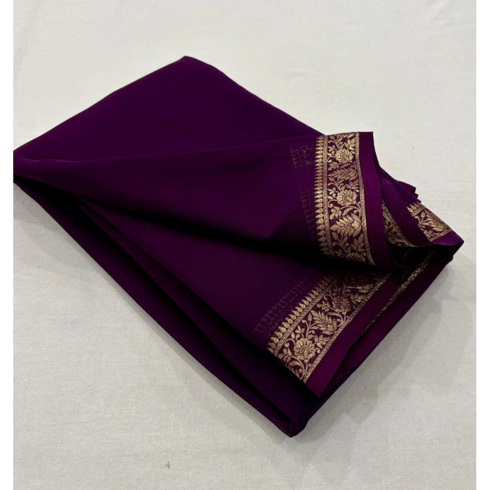 Generic Women's Crepe Chit Pallu Solid Saree With Unstitched Blouse 5.5Mtr (Dark Purple)