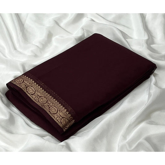 Generic Women's Crepe Chit Pallu Solid Saree With Unstitched Blouse 5.5Mtr (Brown)