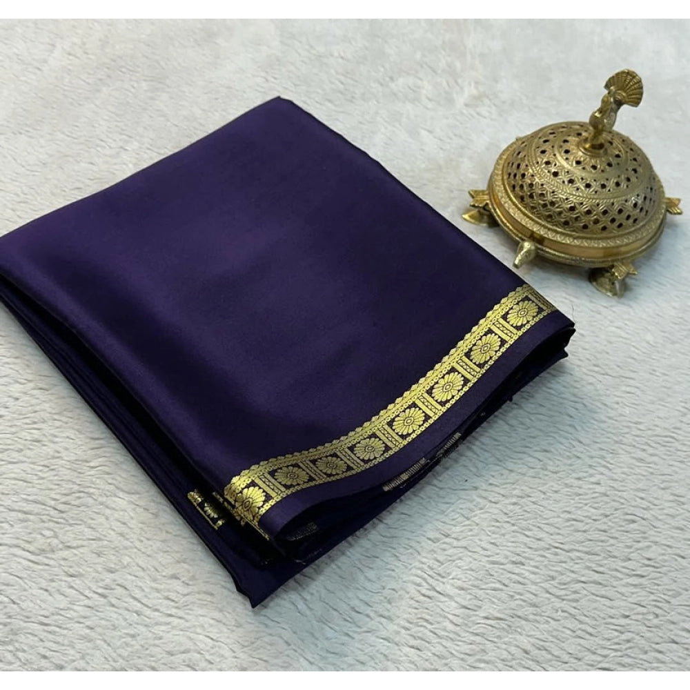 Generic Women's Crepe Chit Pallu Solid Saree With Unstitched Blouse 5.5Mtr (Navy Blue)