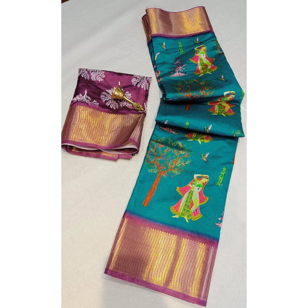 Generic Women's Digital Dolla Silk Printed Saree With Unstitched Blouse 5.5Mtr (Turquoise Green)