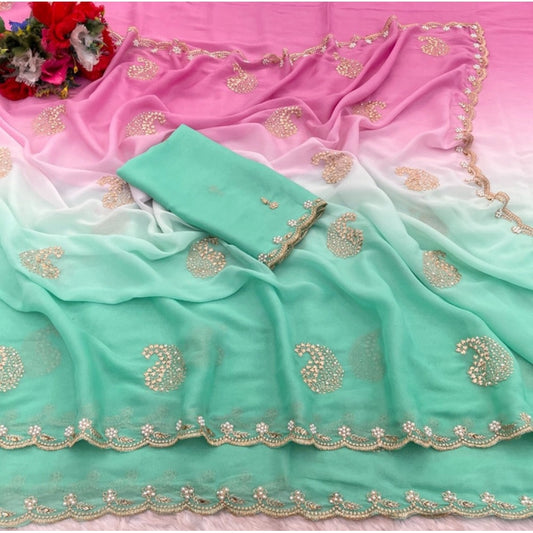 Generic Women's Digital Printed Geogette Saree With Unstitched Blouse (Light Green, 5-6 Mtrs)