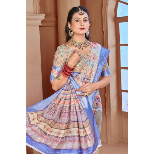 Generic Women's Printed Cotton Linen Saree withPrinted Saree With Unstitched Blouse (Beige, 5-6Mtrs)