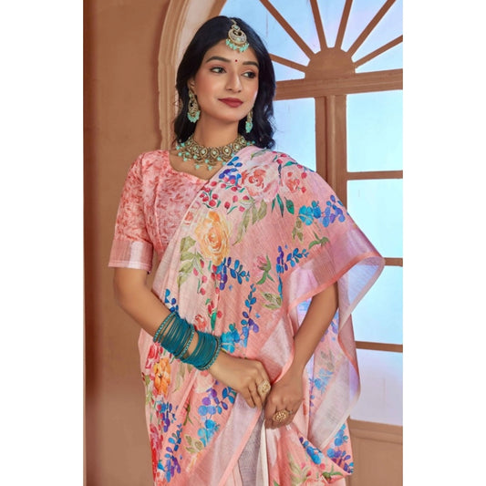 Generic Women's Printed Cotton Linen Saree withPrinted Saree With Unstitched Blouse (Pink , 5-6Mtrs)