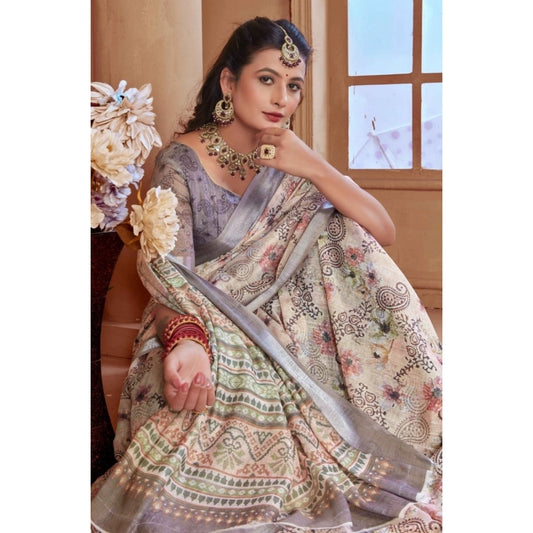 Generic Women's Printed Cotton Linen Saree withPrinted Saree With Unstitched Blouse (Beige, 5-6Mtrs)