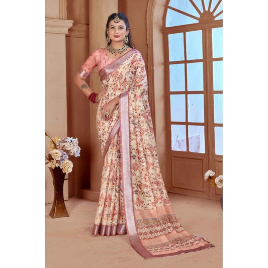 Generic Women's Printed Cotton Linen Saree withPrinted Saree With Unstitched Blouse (Beige, 5-6Mtrs)